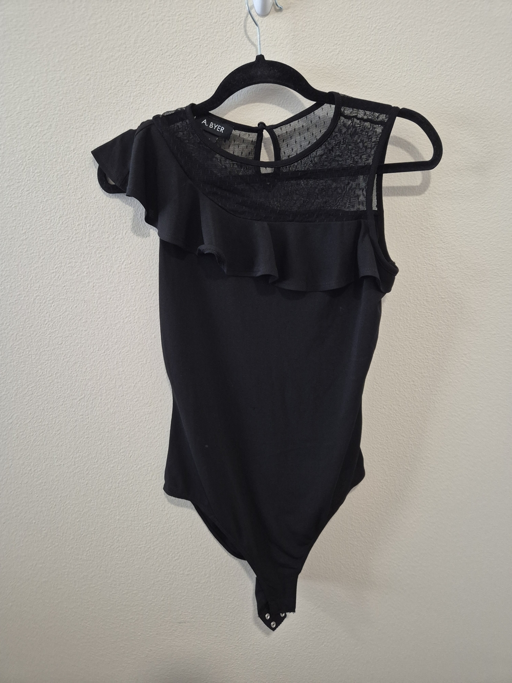 A. Byer Black Asymetrical Ruffle Lace Bodysuit